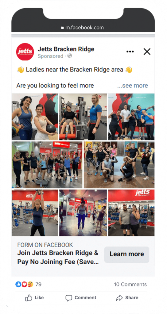 example of jetts fitness sponsored advertising on facebook